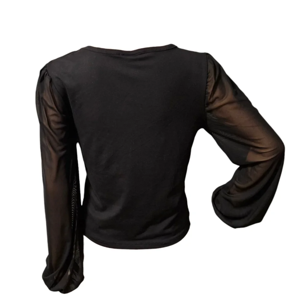 Y2K Black Ruched Tie Mesh Sleeve Top Sheer Long Sleeve Clubwear Sz L Baddie - Picture 5 of 16